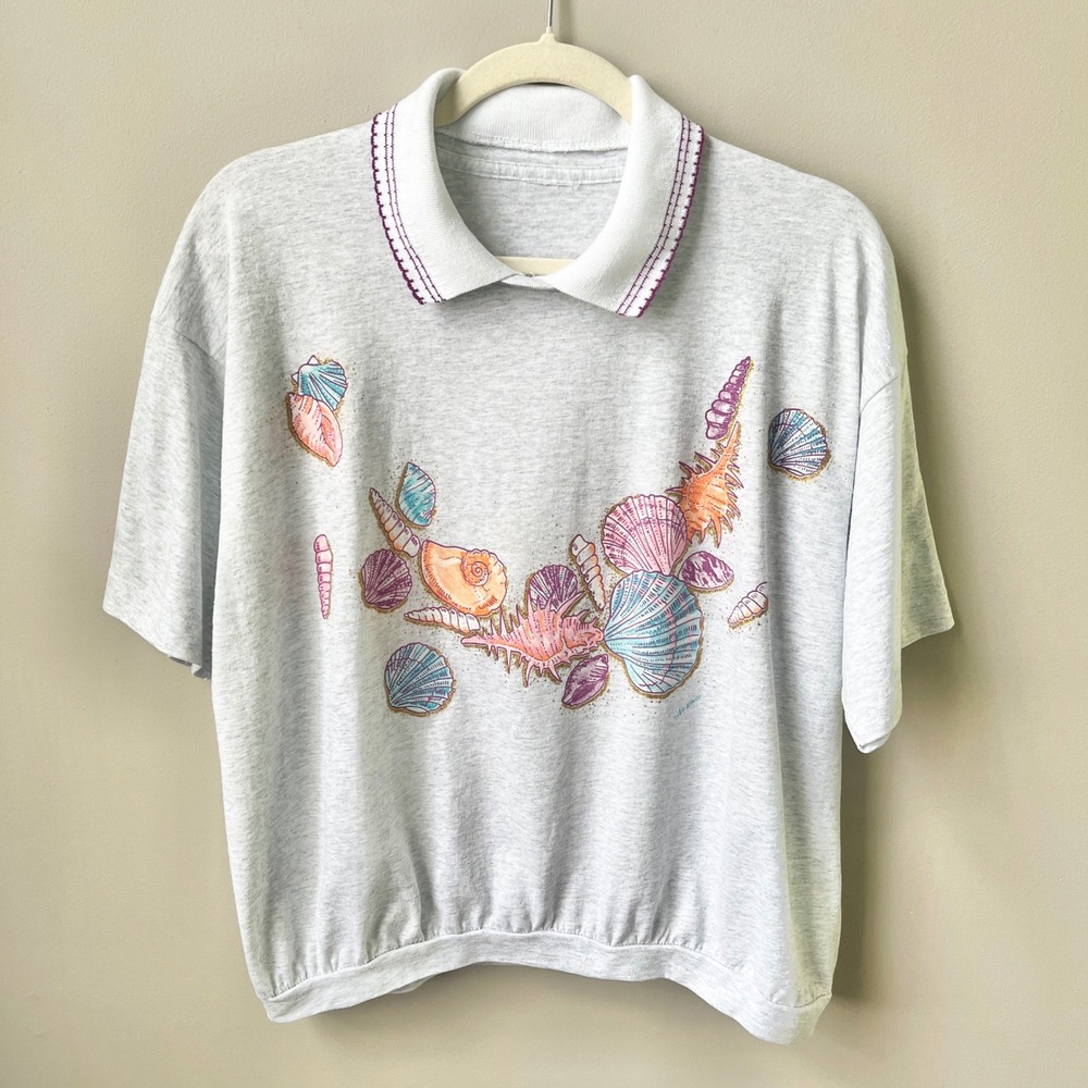 Vintage Sweatshirt Top Women's Large Seashells 90s Coastal Beachy Retro Sweet‎